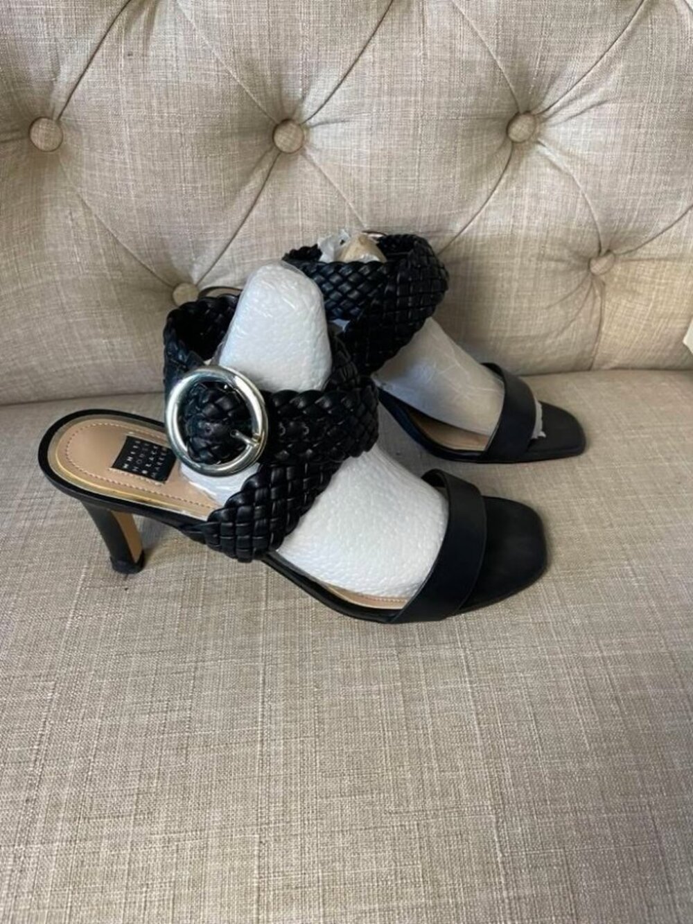 EUC White House Black Market Ankle Wrap Woven Black Heels size 9
